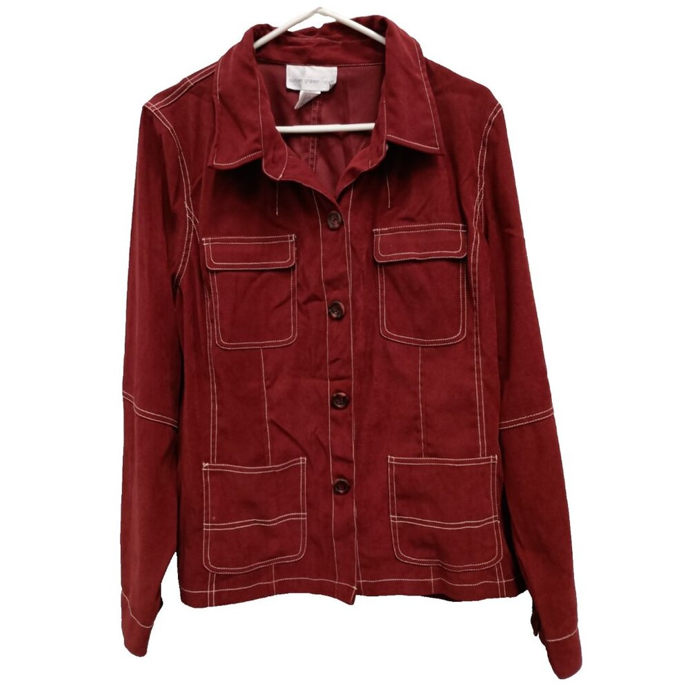 Susan Graver Womens Jacket XL‎ Red Faux Suede Button Front Lightweight Outdoor